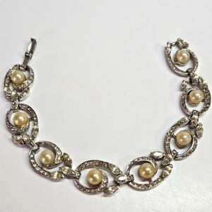 VINTAGE Pennino Silver Tone Faux Pearl Rhinestone Link Bracelet Signed MCM